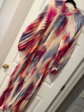 Pleated Multicolor Button-Front Women’s Dress - Pink, Blue & Cream